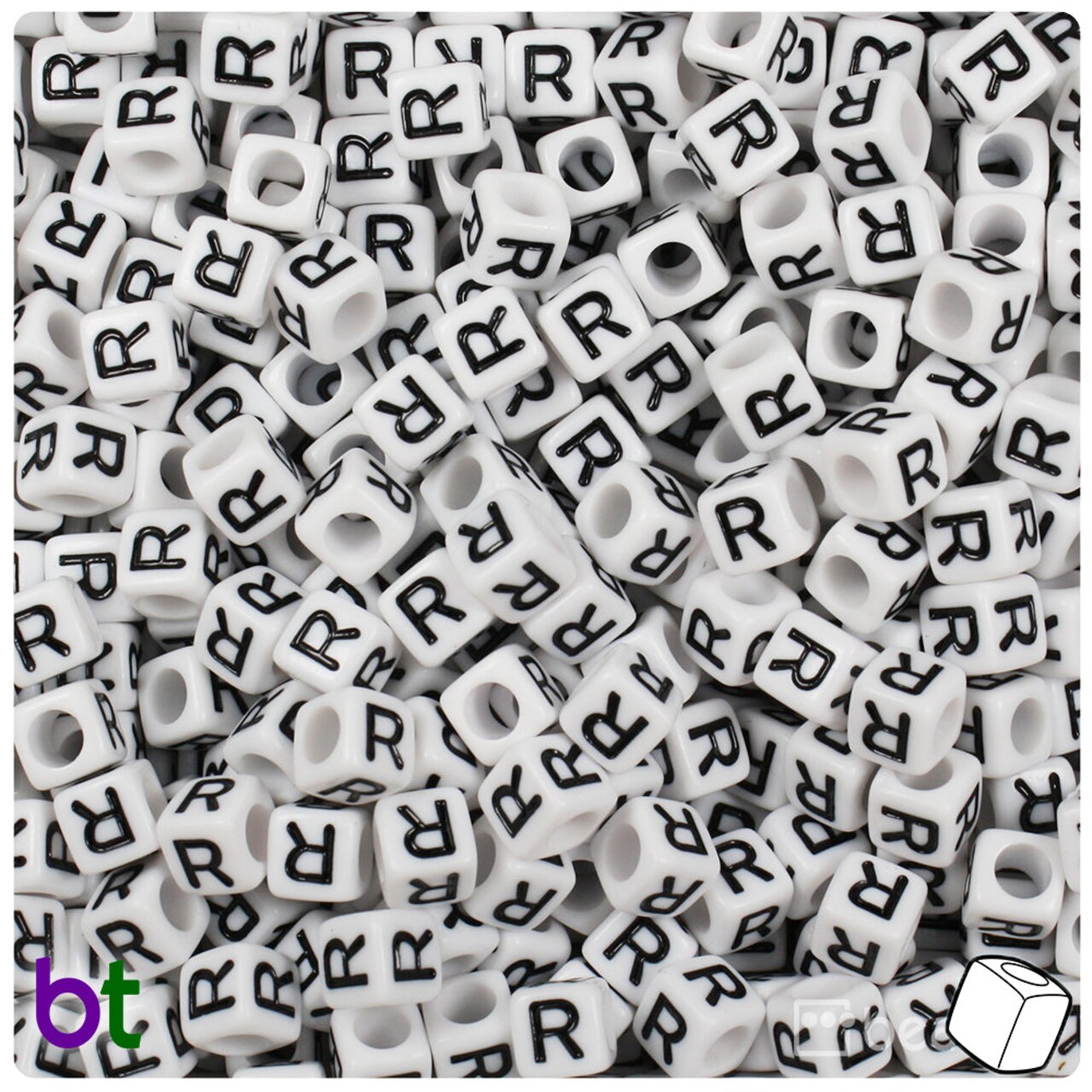BeadTin White Opaque 6mm Cube Plastic Alpha Beads - Black Letter R (80pcs)